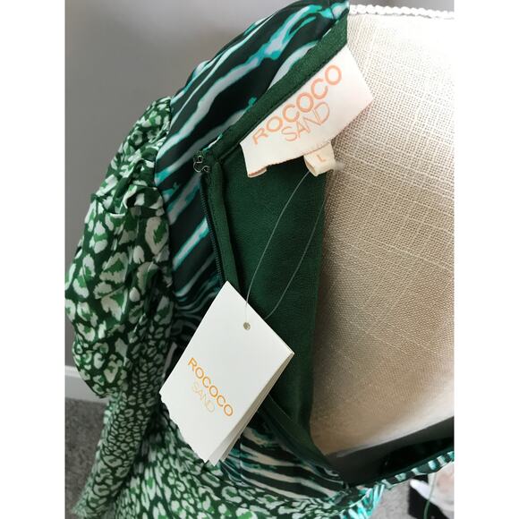 Rococo Sand Animal Print Satin Irene Gown Puff Sleeve Sheath Dress Large - Picture 6 of 11